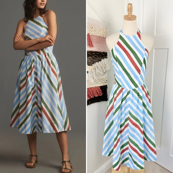 Maeve Anthropologie Halter Midi Sundress Striped Cotton Blue Combo Sz S NWT - Picture 1 of 13